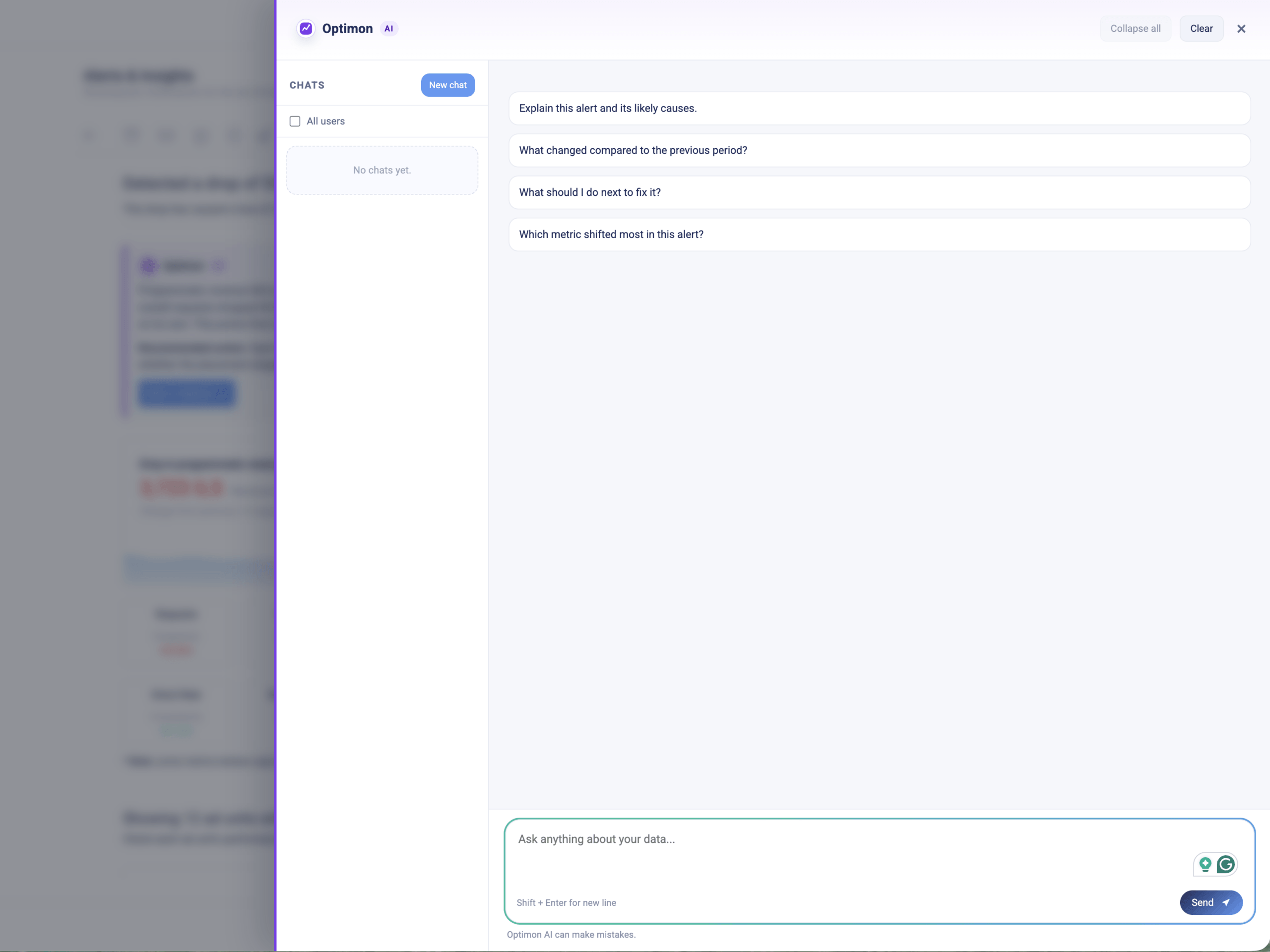 Optimon AI opening on a live alert, with suggested questions specific to that alert